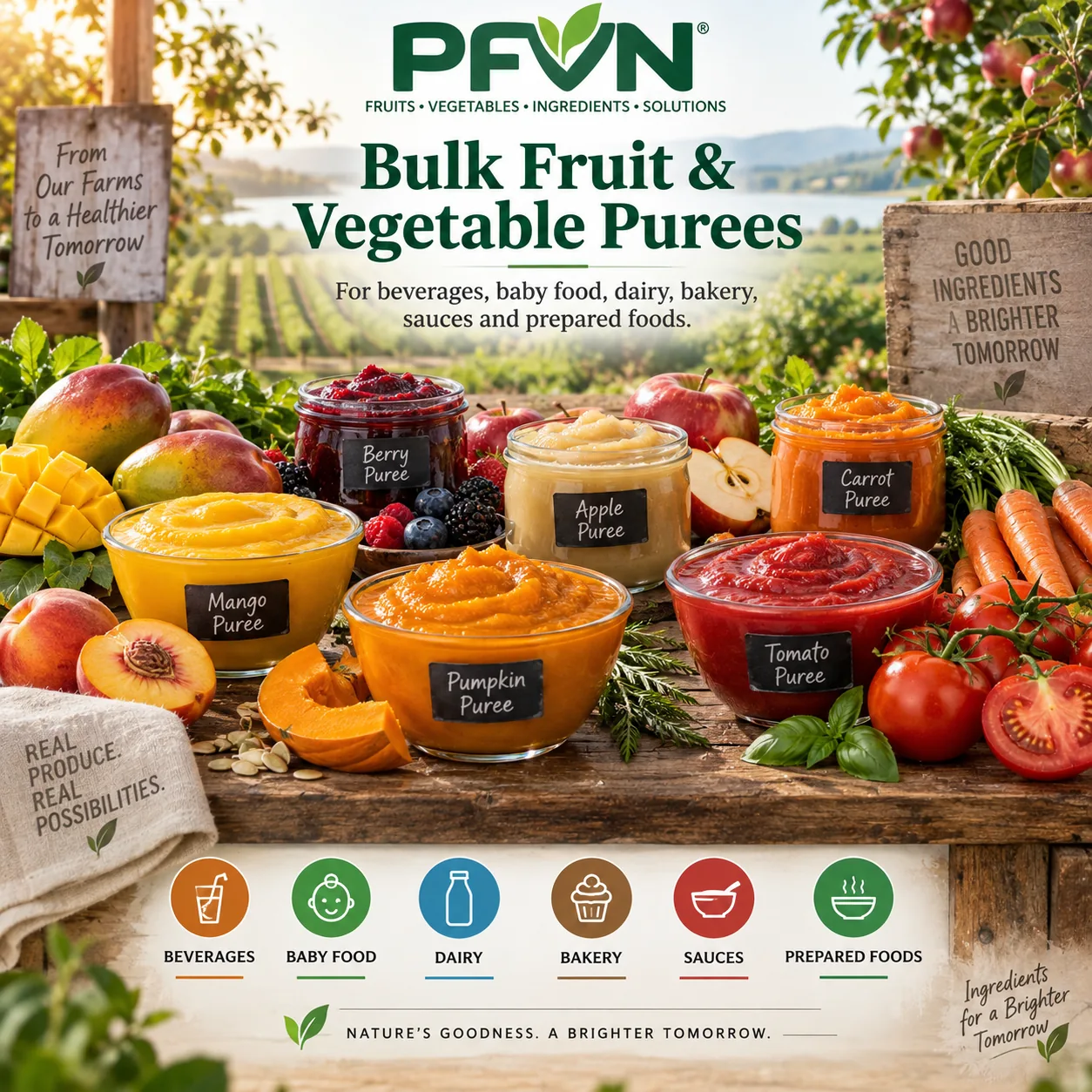Bulk fruit and vegetable purees for industrial food manufacturing